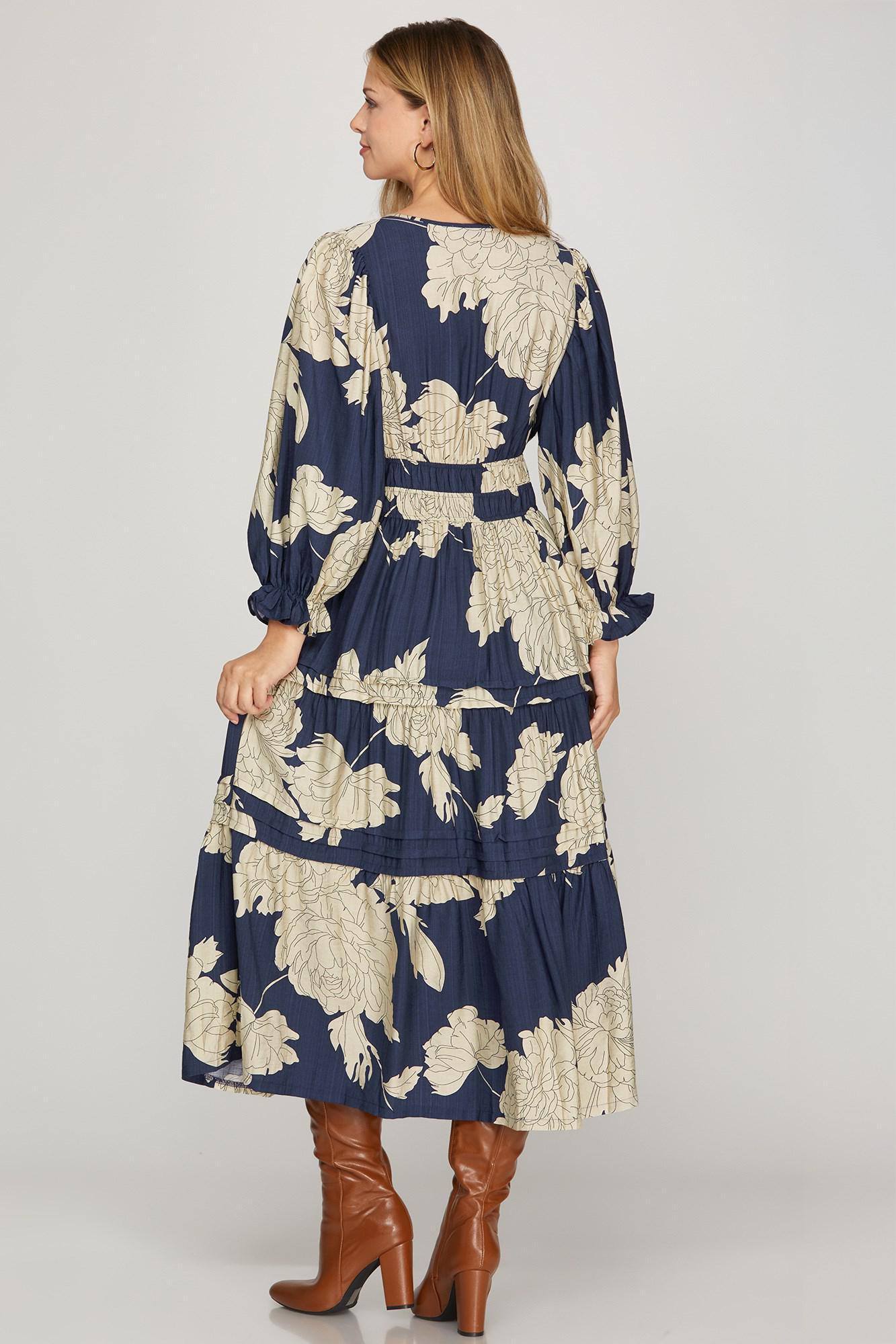 3/4 Sleeve Pintuck Tiered Floral Midi Dress