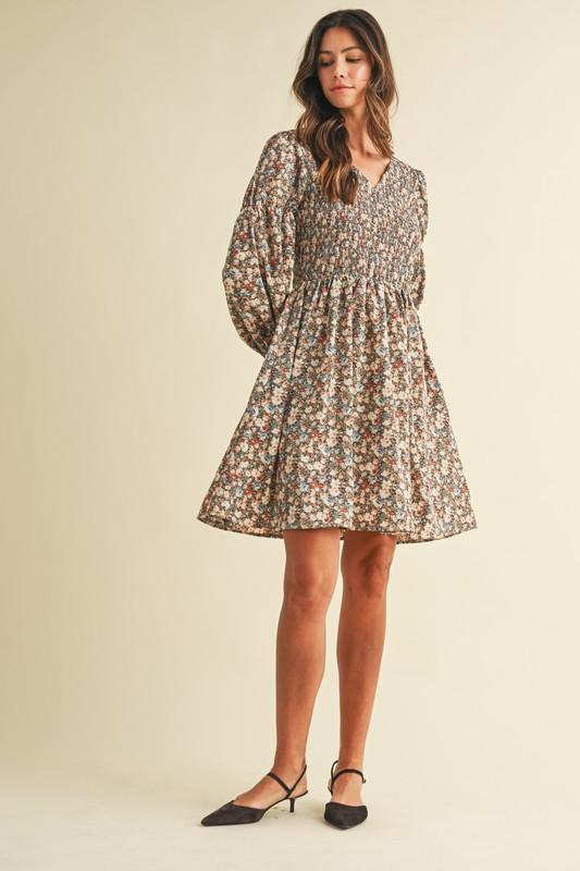Vintage Flower Print Smocking Detail Mini Dress
