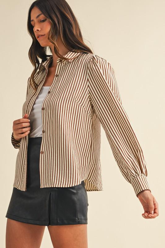 Stripe Scallop Trim Detail Puff Sleeve Blouse