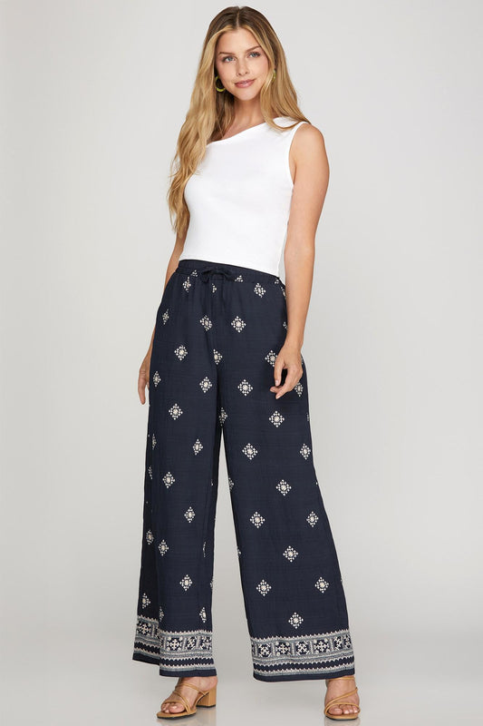 Wide Leg Border Printed Pants