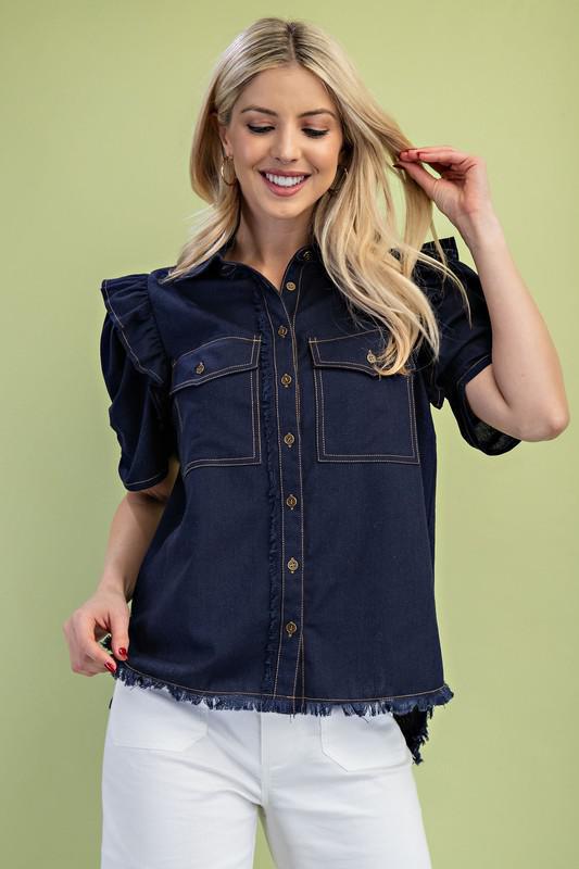 Ruffled Gathered Sleeve Linen Button-Up Shirt Top