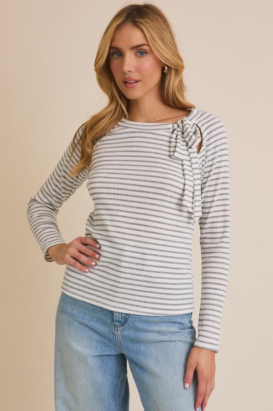 Round Neck Tie Detail Long Sleeve Stripe Top