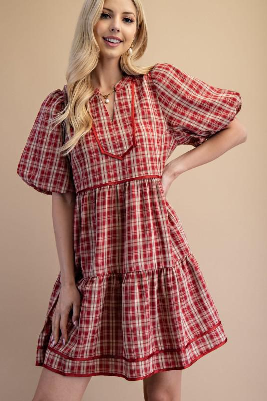 Plaid Tiered Puff Sleeve Mini Dress
