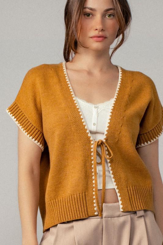 Boho Crochet Knit Vest Casual Top With Tie Front