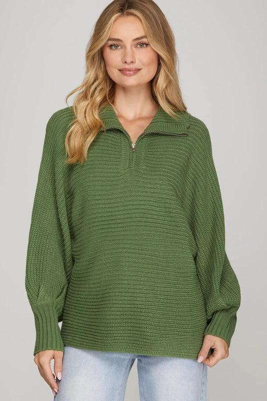 Long Sleeve Half Zip Batwing Sweater
