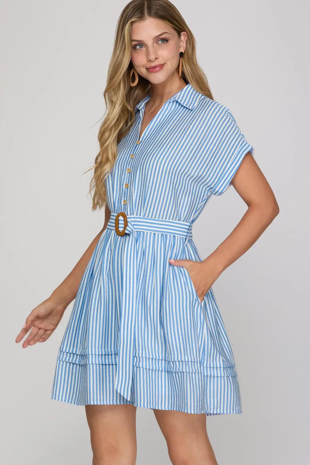 Drop Short Sleeve Woven Striped Collared Button-Up Belted Mini Dress