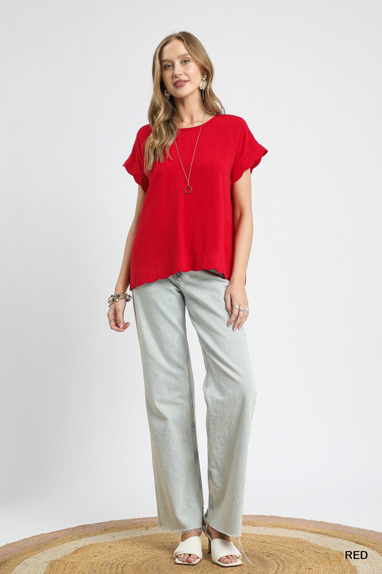 Scallop Hem Linen Blend Top