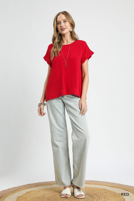 Scallop Hem Linen Blend Top