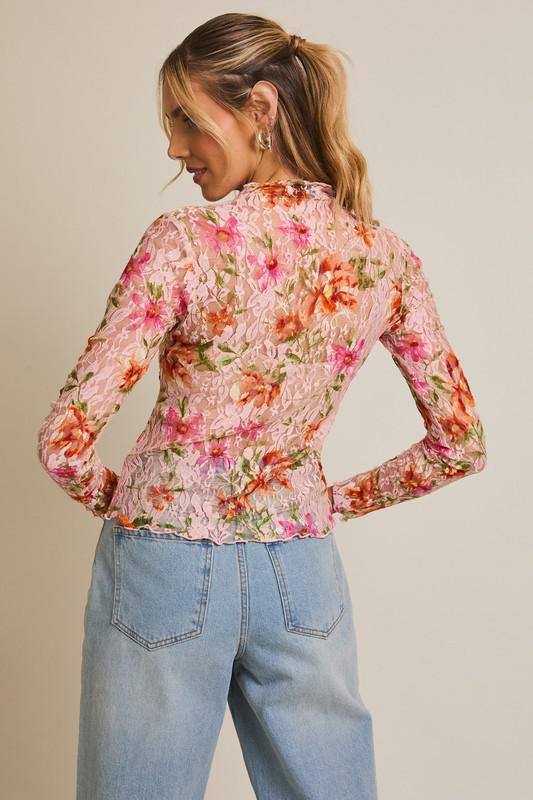 Long Sleeve Merrow Hem Floral Mesh Top