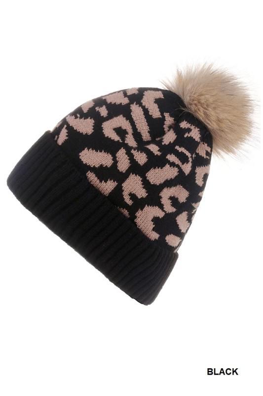 Leopard Pattern Knit Pom Pom Beanie