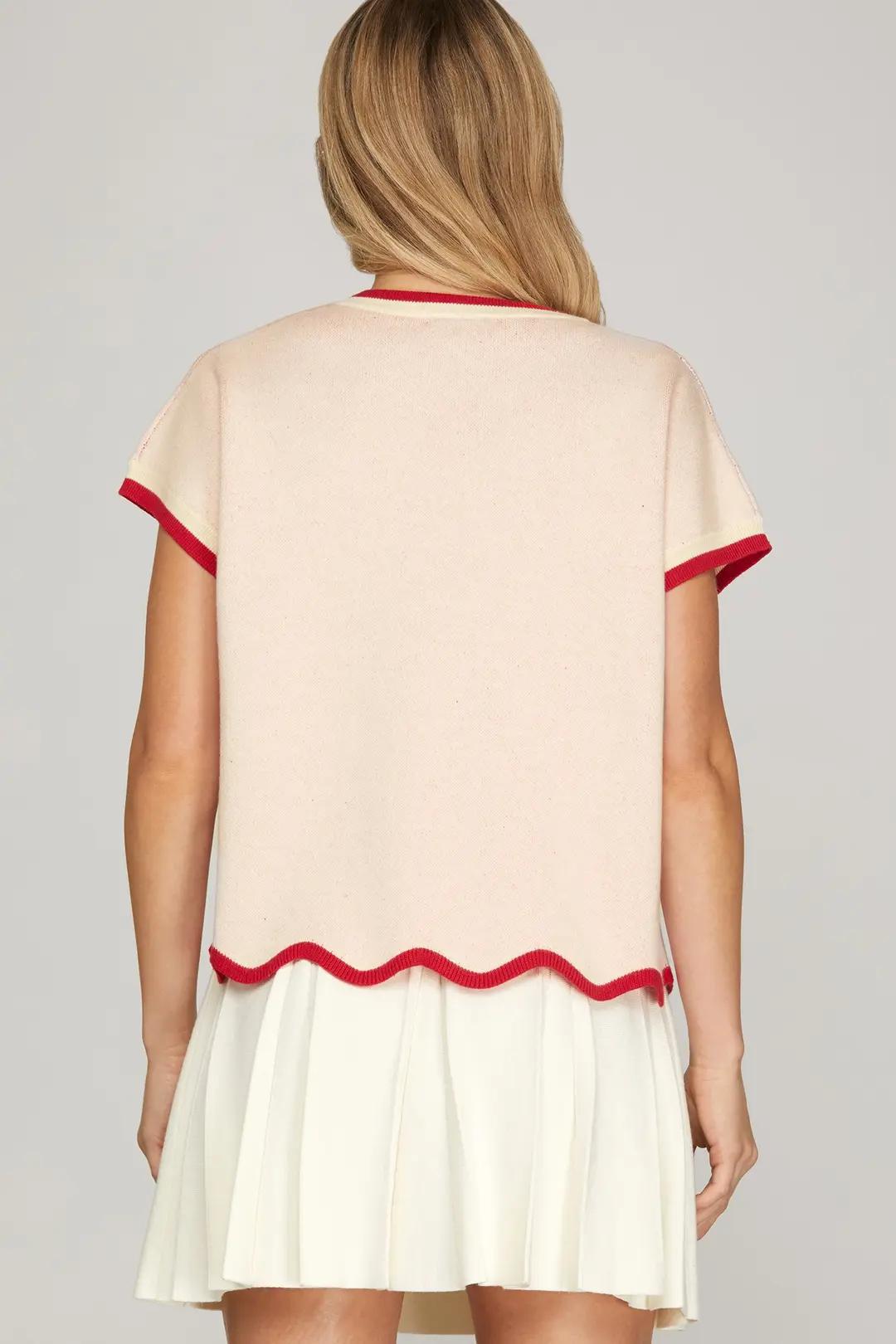 Drop Short Sleeve Scallop Hem XOXO Knit Sweater Top with Contrast Edge