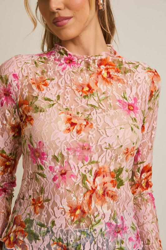 Long Sleeve Merrow Hem Floral Mesh Top