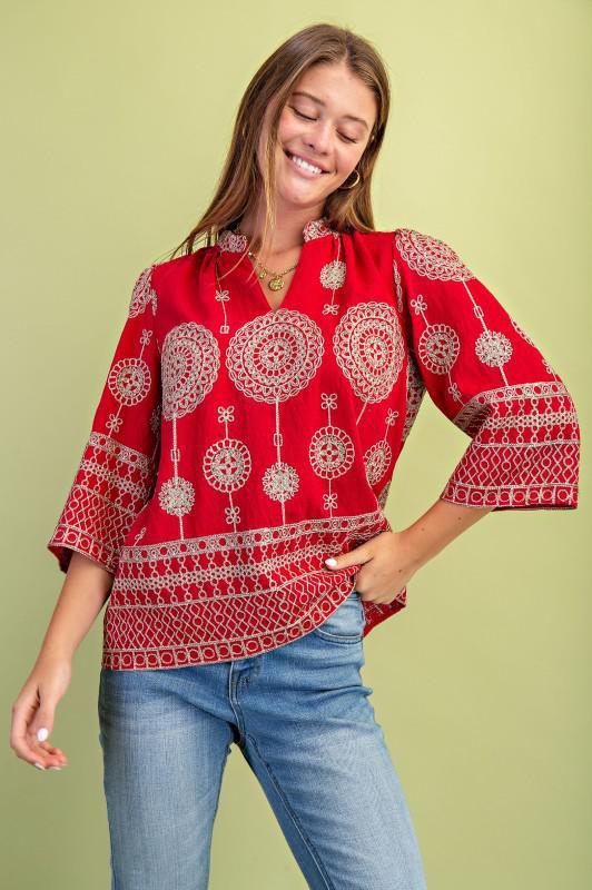 Metallic Embroidered V-Neck Blouse