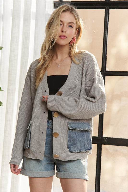 Striped Denim Pockets Cardigan