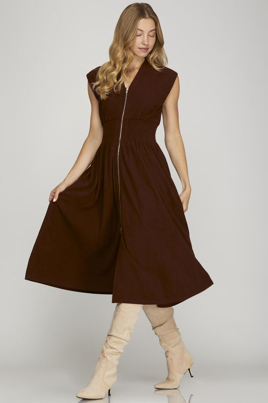 Drop Shoulder Smocked Waist Corduroy Midi Dress