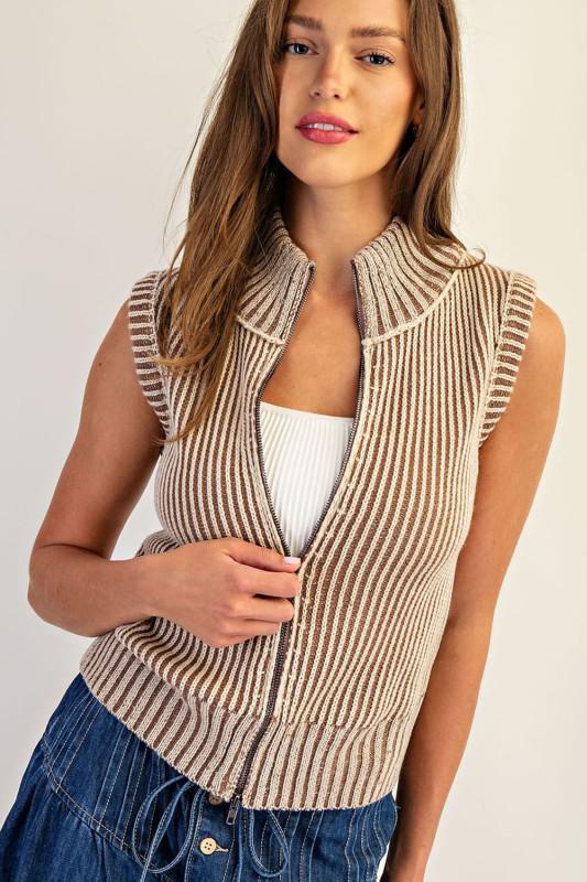 Front Zipper Ribbed Knit Sleeveless Jacket