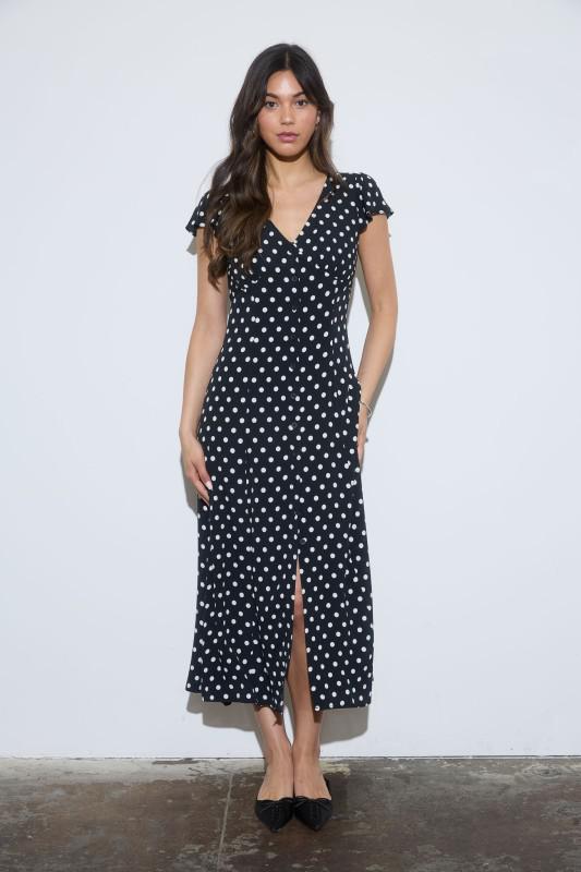 Polka Dot Button Down Short Sleeve Midi Dress