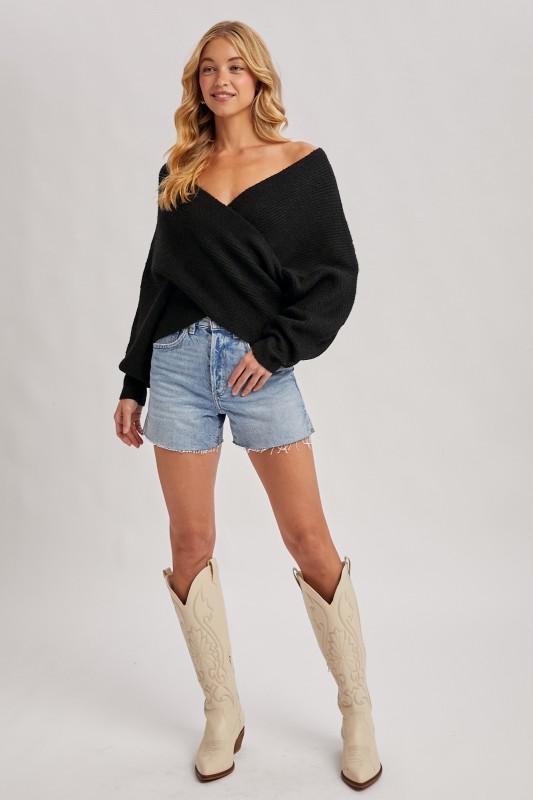 Wrap Crossover Ribbed Fuzzy Knit Sweater Pullover