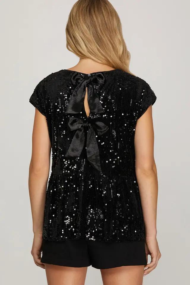Sequin Drop Shoulder Top with Back Bow